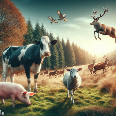 cows, sheep and pigs alongside deer