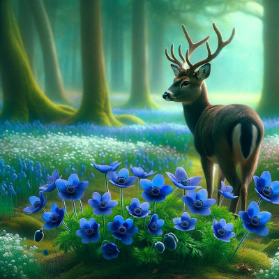 buck amongst purple anemones